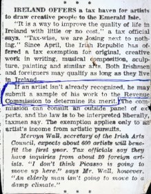 Short article about Ireland as a tax haven for artists following establishment of tax exemption for artists. 